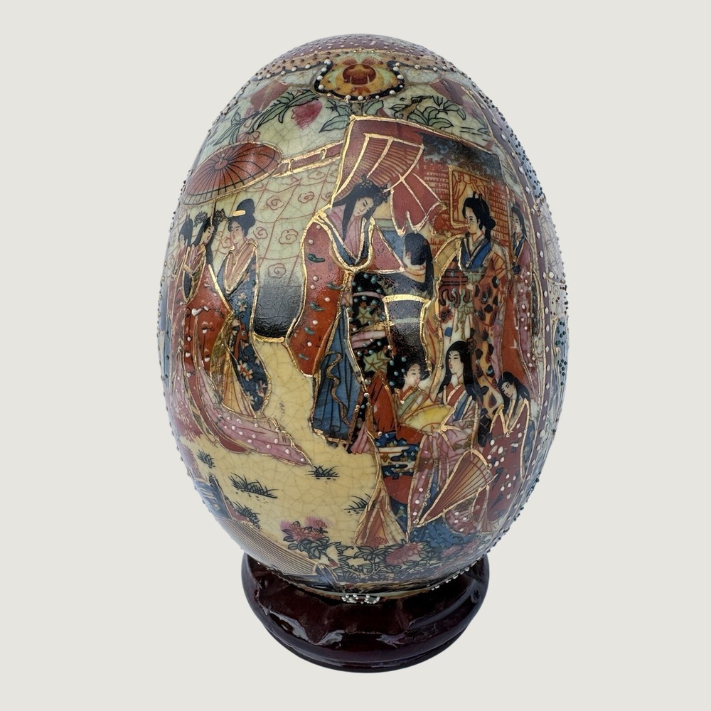 Vintage Chinese Satsuma Style Porcelain Egg Geisha Moriage Gold Gilt 8" w/ Stand